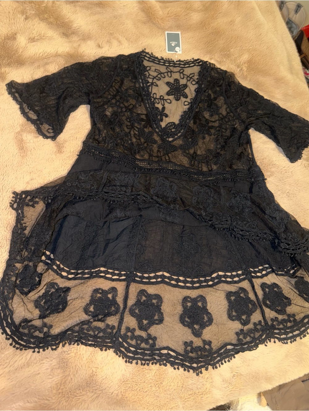 Black Lace V-Neck Crochet Tunic